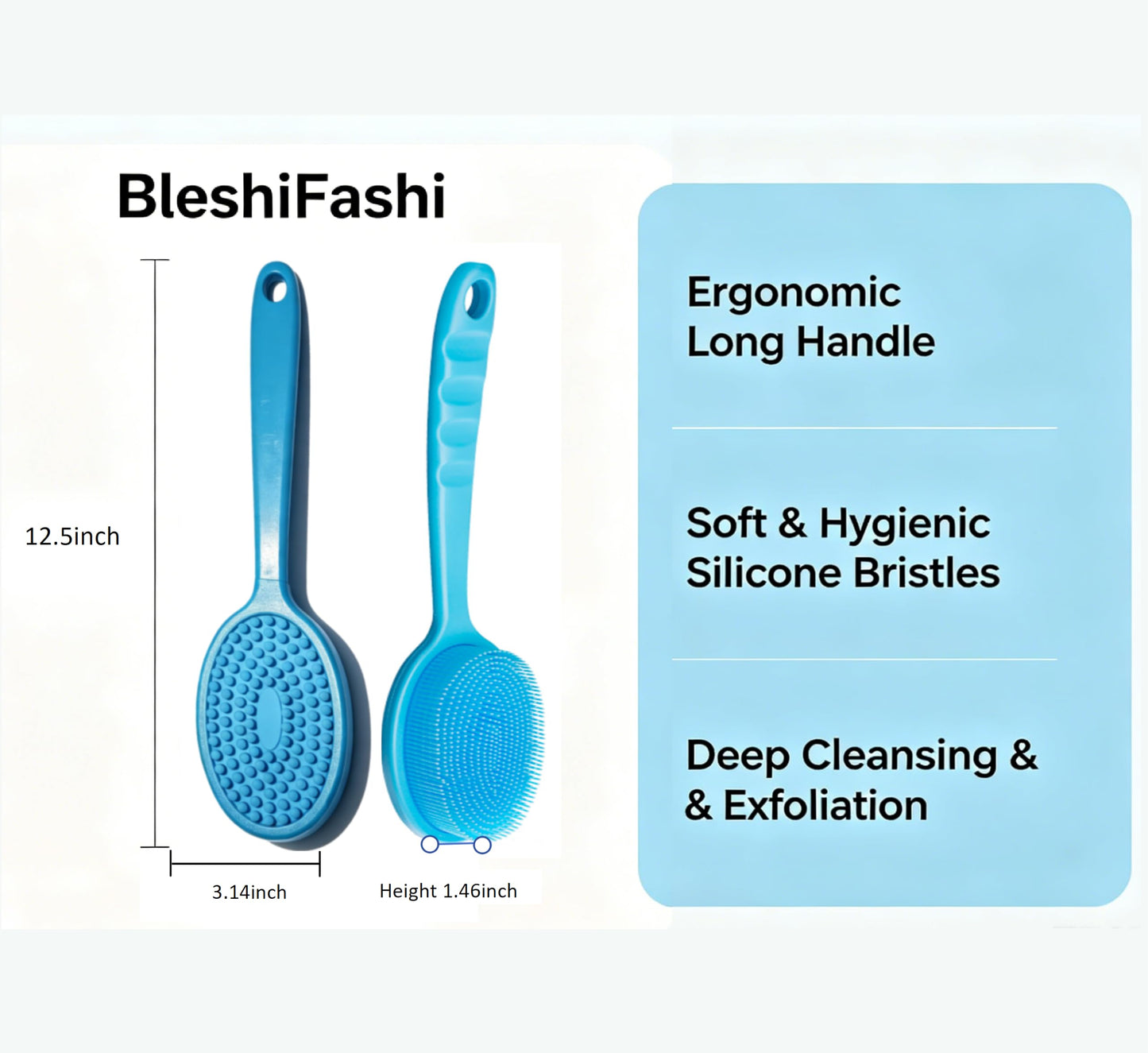 12.5inch Silicone Back Scrubber for Shower 2pcs（Blue）,Exfoliating Shower Brush,Double Sided for Exfoliating and Massage，Long Handle Back Scrubber for Men and Women(2 Brushes)