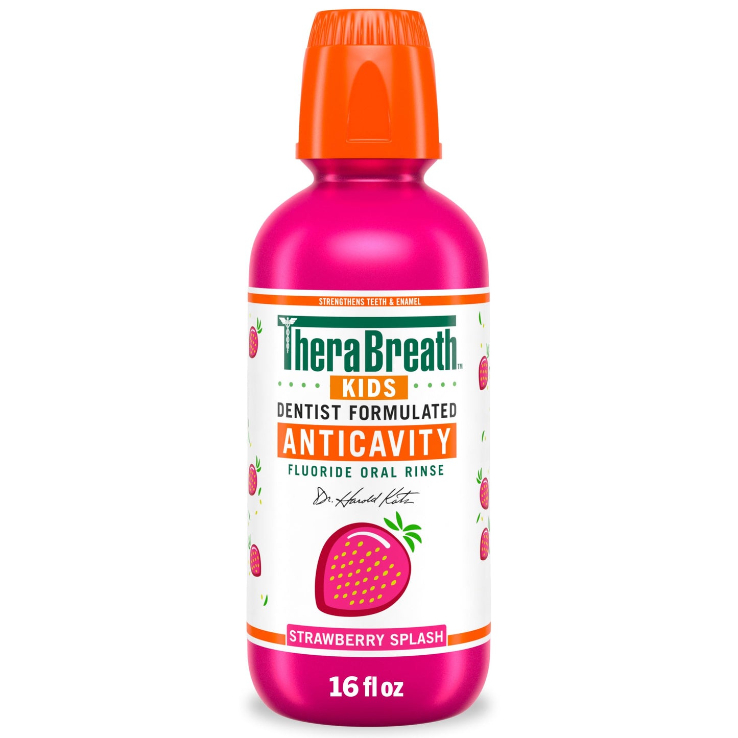 TheraBreath Kids Mouthwash with Fluoride, Organic Strawberry Splash, Anticavity, Dentist Formulated, 16 Fl Oz