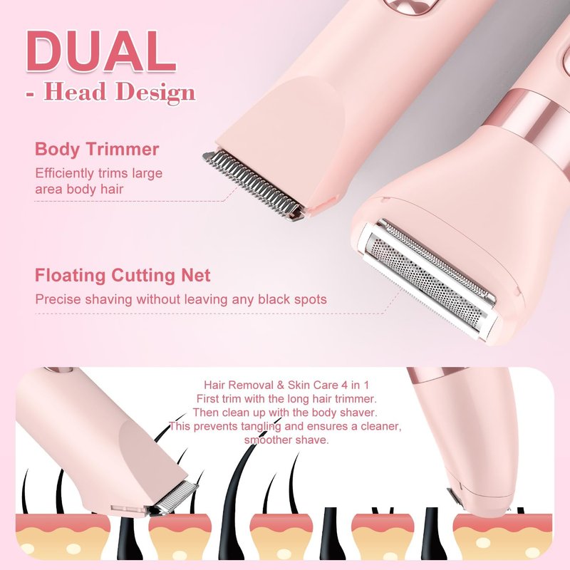 Hatteker 4-in-1 Women's Electric Razor, Dual-Head Body Hair Trimmer for Women, IPX7 Waterproof Rechargeable Bikini Trimmer & Facial Hair Remover for Legs, Armpits, Face, Nose, Eyebrows, Pink