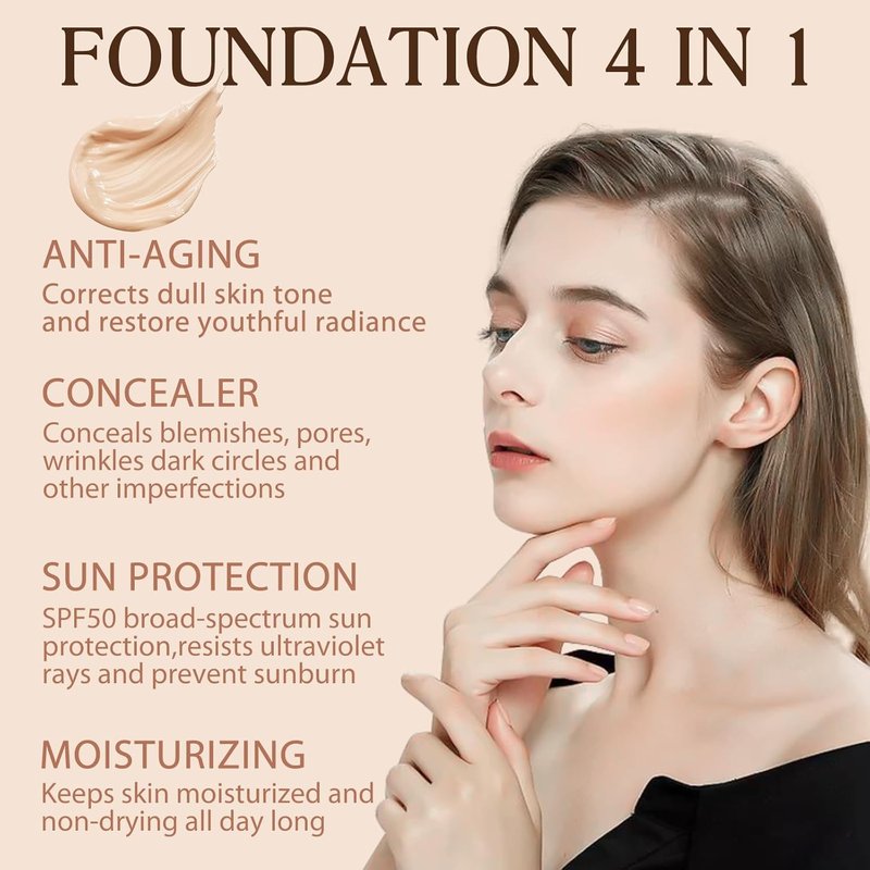 Color Changing Foundation - 4-in-1 Full Coverage Makeup | Hydrating SPF 50+ Liquid for Mature Skin, 30ml