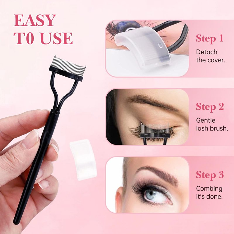 Eyelash Comb Eyelash Separator Tool, Arc Designed Eyelash Comb Separator, Eyelash Brush Separator With Metal Teeth Eyelashes Grooming Tool for Eye Cosmetic Brush Tool (Black+Pink, 2pcs)