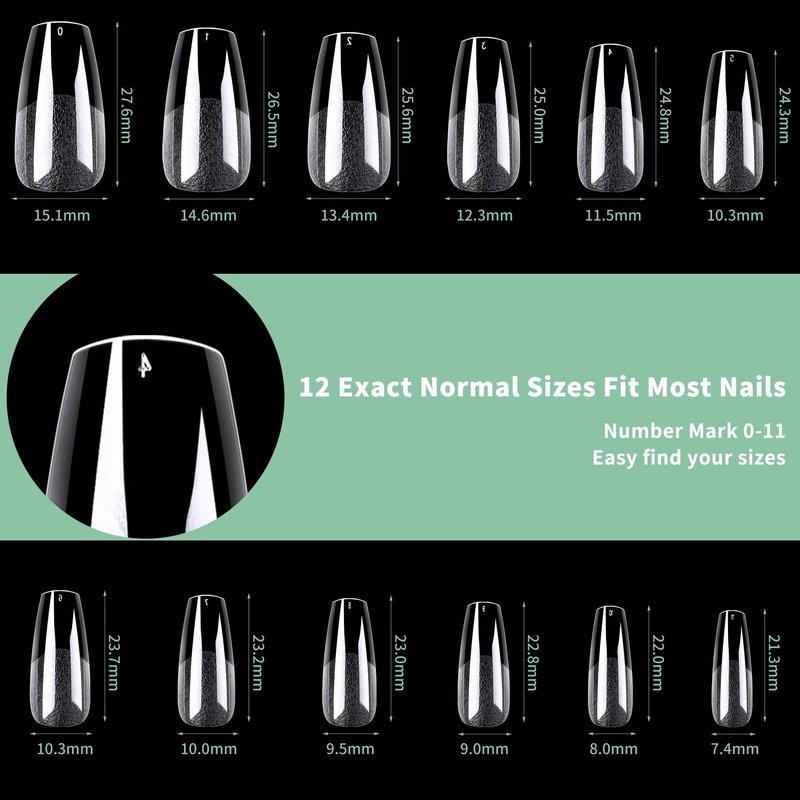 Medium Coffin Nail Tips, 216pcs Acrylic Ballerina Soft Fake Nails Gel Nail Tips, Full Cover Pre-Shaped Matte Clear Press on Nails for Extension, Diy at Home Manicure 12 Sizes