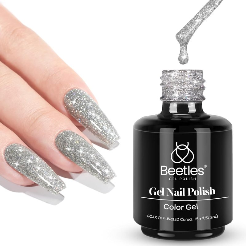 Beetles Glitter Gel Nail Polish - Reflective Silver Shimmer | 15ml Soak Off UV/LED for DIY Nail Art