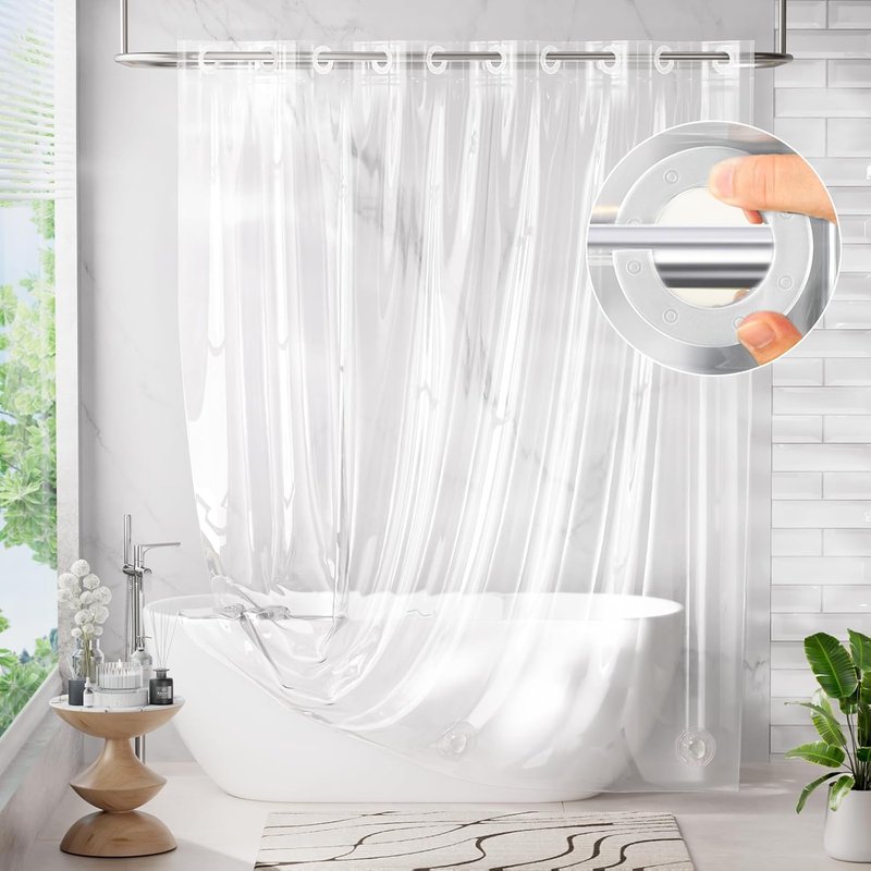 AmazerBath No Hook Shower Curtain - 3-in-1 Heavy Duty EVA Liner | 72x75 Clear Design with 3 Weights