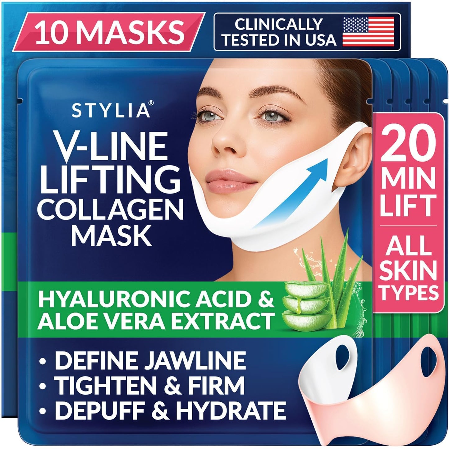 Stylia V Line Lifting Collagen Mask - Firm & Contour Jawline - Hyaluronic Acid & Aloe - 10 Pack