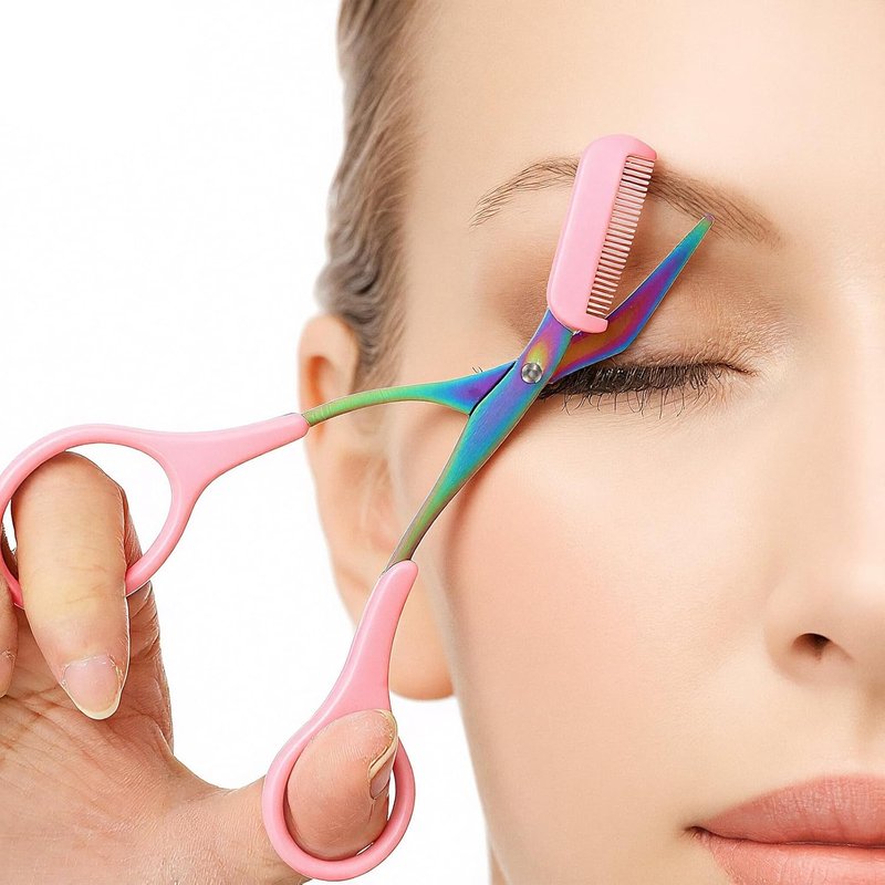 Skiennix Eyebrow Scissors - 2-in-1 Professional Trimmer with Comb & Brush for Women & Men | Pink