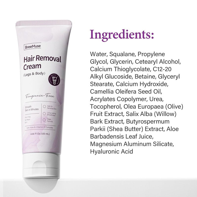 BreeMuse Hair Removal Cream for Women, Painless Depilatory Cream for Legs, Bikini Line & Underarms, Fast 5-10 Minute Body Hair Remover for Sensitive Skin with Moisturizing & Smoothing Formula