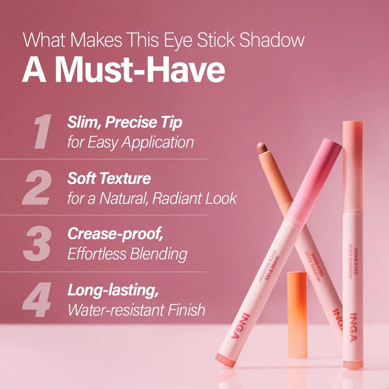 INGA Shine Eyes Stick Shadow - Creamy Shimmer Eyeshadow, Smudge-Proof, Easy-to-Blend, Long-Lasting Eye Makeup Stick with Precise Tip for Easy Application (Dew Peach)