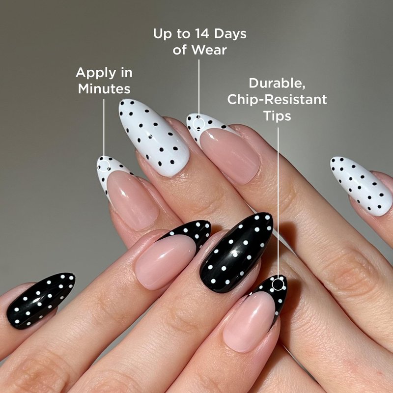 PaintLab Press On Nails - Polka Dot Couture Black & White Almond Fake Nails, 30 Nails in 15 Sizes with Glue, Reusable Salon Quality Polka Dot Press on Nails