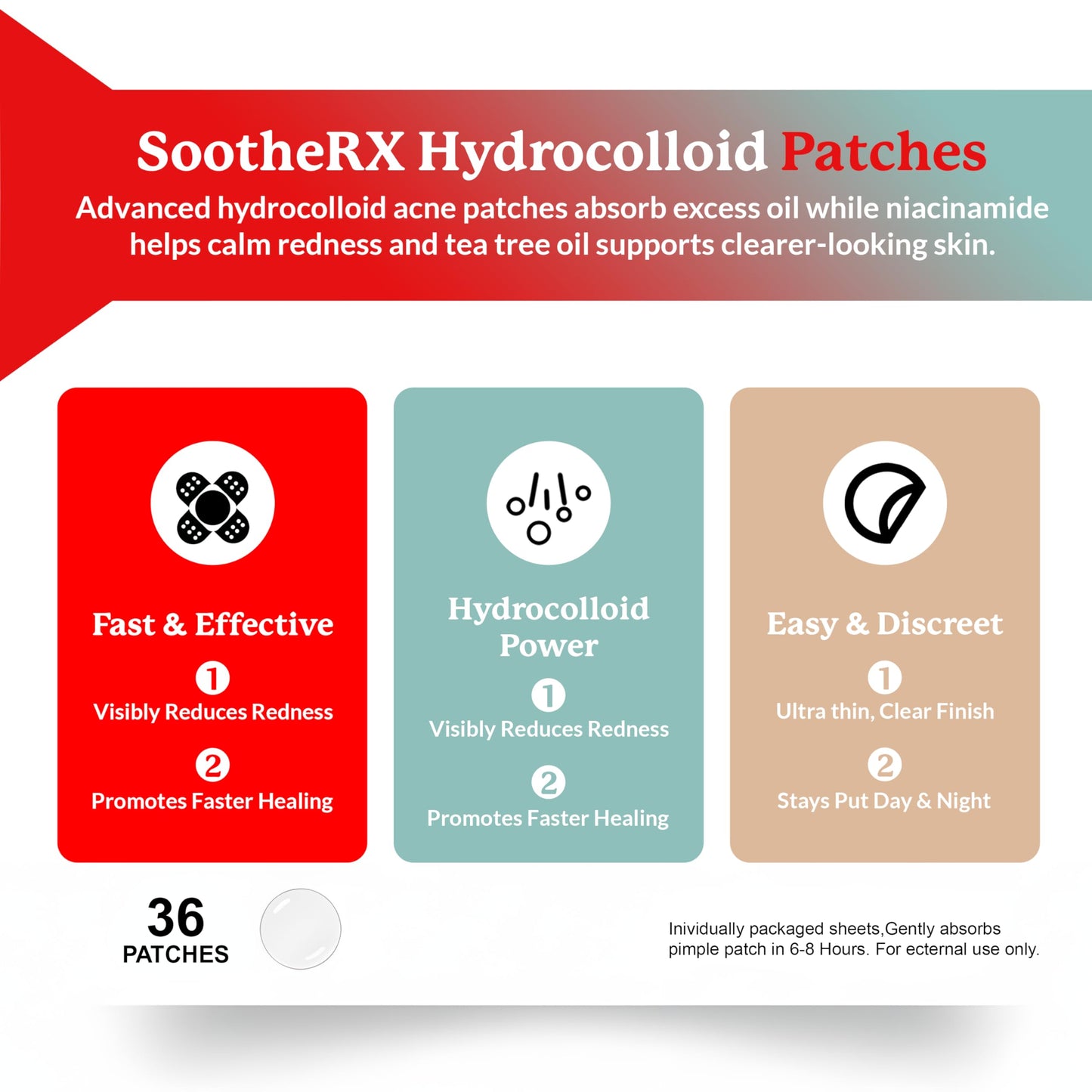 SootheRX Hydrocolloid Acne Patches for Face | Niacinamide Pimple Patch | Overnight Blemish & Acne Spot Treatment | Pimple Stickers for Covering Cheeks & Zit Patch for Face | 36 Count Transparent