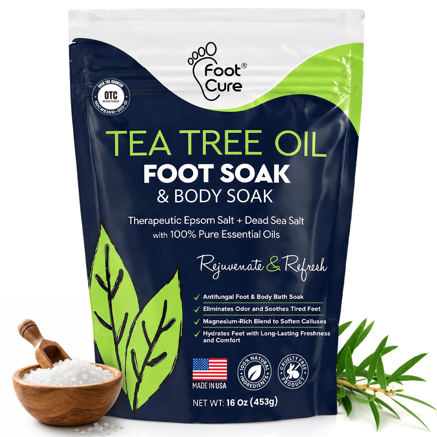 Tea Tree Oil Foot Soak with Epsom Salt - For Toenail Repair, Athletes Foot, Softens Calluses, Soothes Sore & Tired Feet, Nail Discoloration, odor Scent, Spa Pedicure Care - Made in USA 16 oz