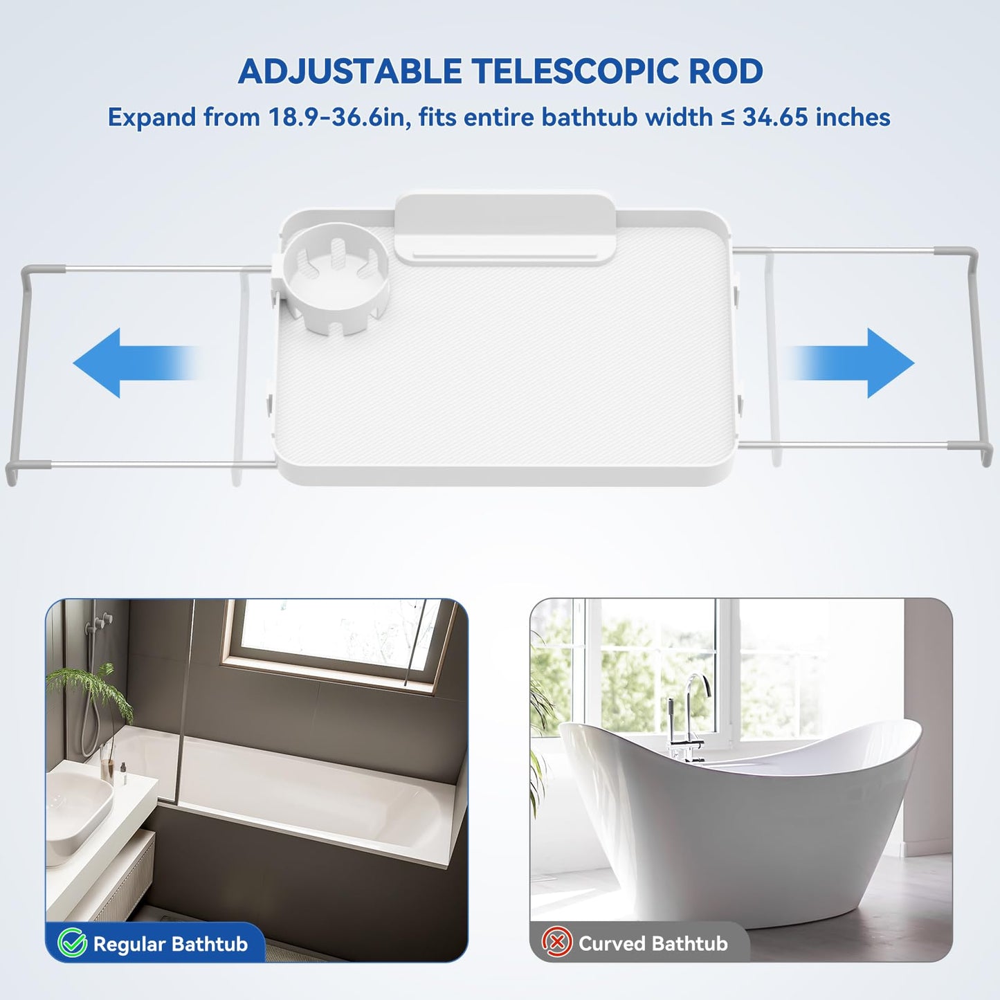Bathtub Tray for Large Soaking Tub Table Tray Expandable Tub Shelf for Bathtub Caddy Bath Shelf Over Tub Luxury Bath Board Book Holder with Removable 2 Cup Holder Phone Metal Shower Caddy Basket White