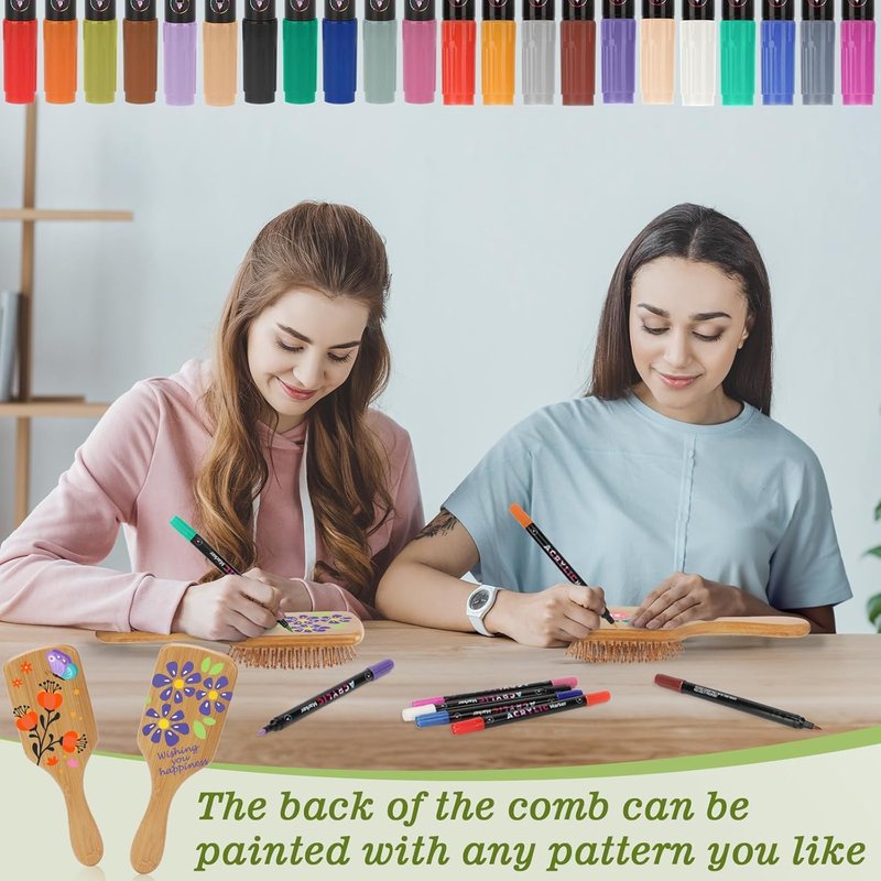 SAYAYA 8 PCS Bamboo Hair Brush Bulk for Massaging Scalp Natural Wooden Paddle Hairbrush with 12 Multicolor Pens Hair Brushes for Women Men Kids Detangling Curly Thick Wavy Hair DIY Gift for Crafts