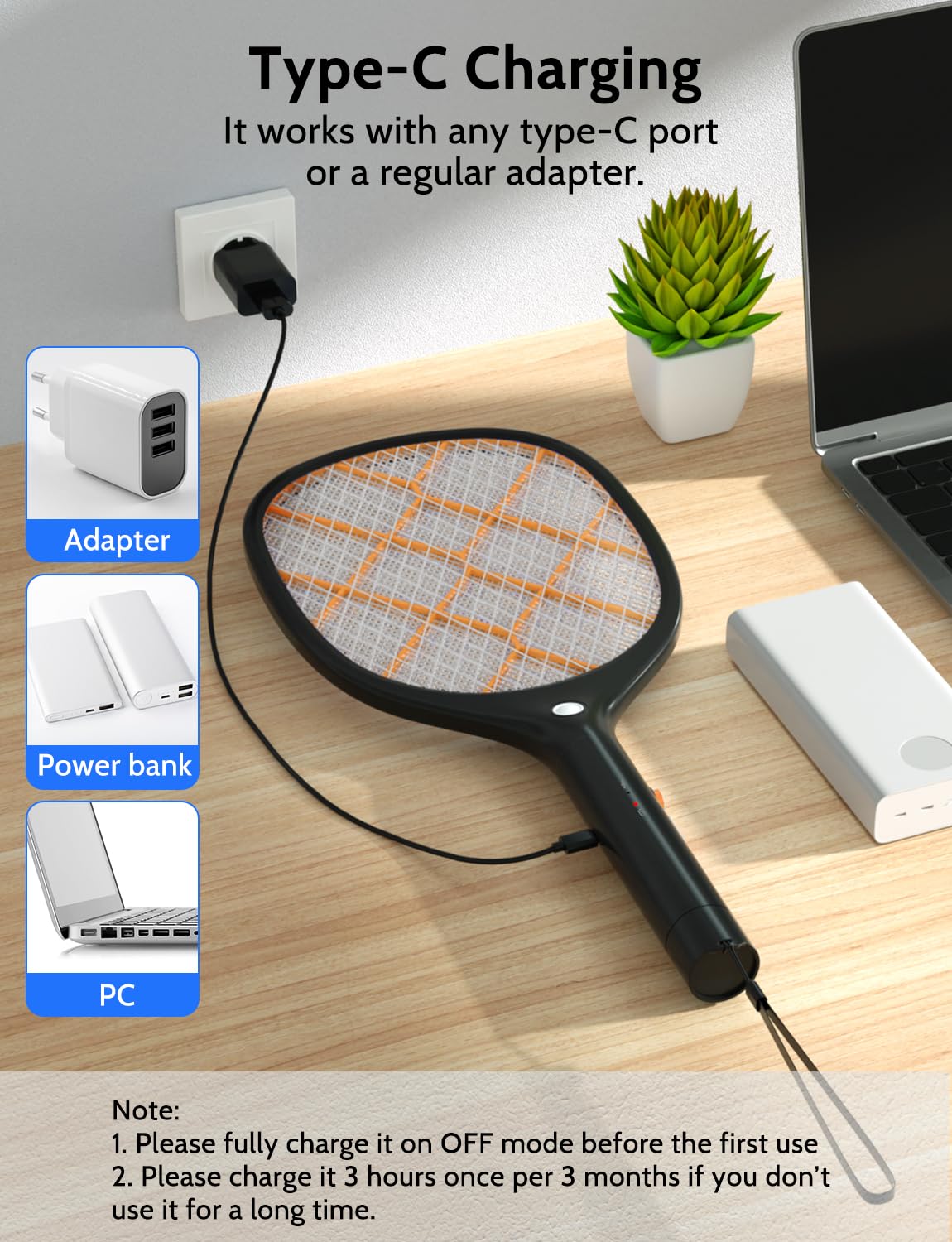 YISSVIC Electric Fly Swatter Bug Zapper Racket 4000V Rechargeable Mosquito Killer with LED Light for Indoor Home Office Backyard Patio Camping (1, Black Orange)