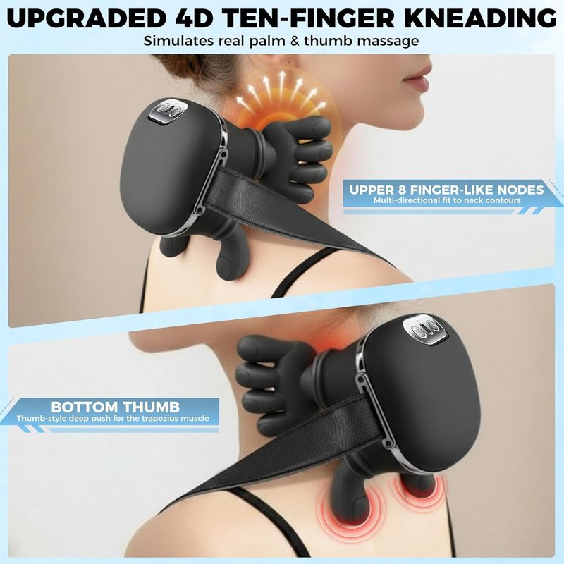 4D Bionic Heated Neck Massager - Real Palm Massage Simulation, 3 Intensity Levels | Relax Muscle Tension