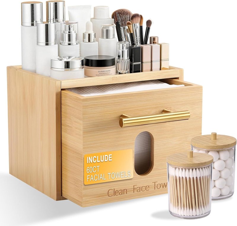 Bamboo Face Towel Holder - Wall Mounted Skincare Organizer with Cotton Swab Box | 60 Disposable Towels Included