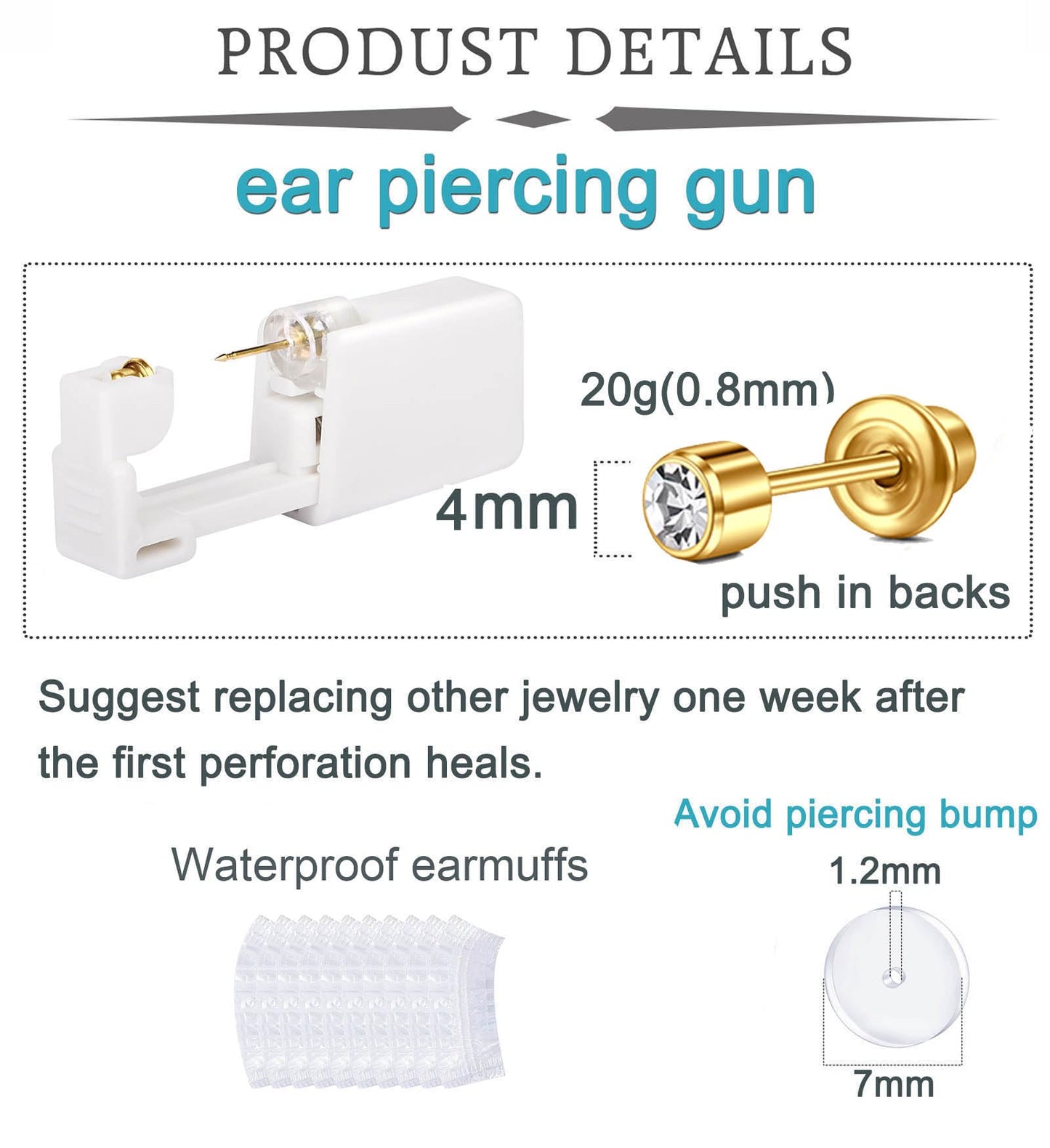 QWALIT Disposable Ear Piercing Kit Gold Ear Piercing Gun Kit Self Piercing Earring Gun with Earring Piercing Kits at Home