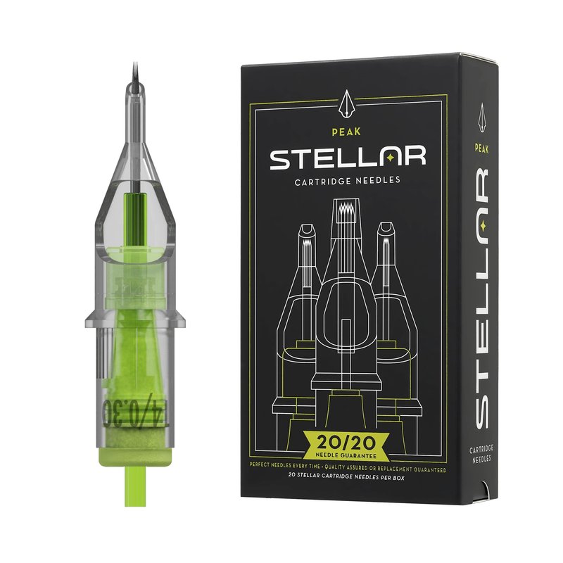 Peak Stellar Tattoo Cartridge Needles, Professional Premium Tattooing Supplies, Box of 20, #12 (.35mm) 9 Round Liner Medium Taper (3.0 mm)