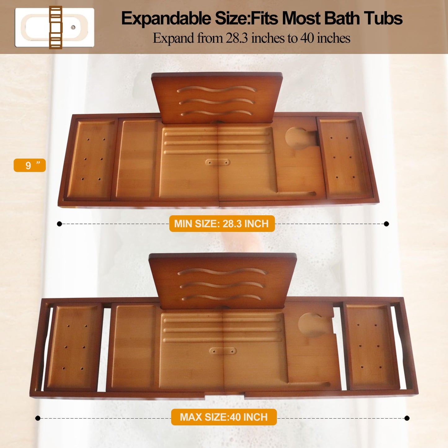 Premium Bathtub Tray Caddy - Bath Table Tray for Bathtub - Bath Tub Tray Table for Bathtub, Expandable Size, Fits Most Bath Tubs