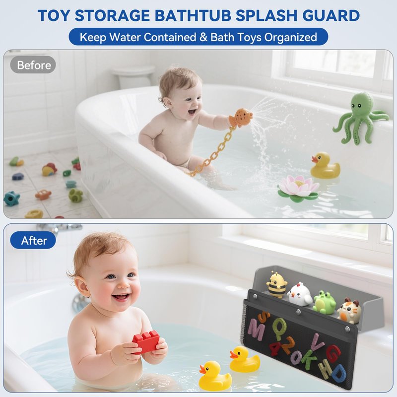 Silicone Bathtub Splash Guard 2-Pack with 10 Suction Cups & Hanging Mesh Shower Caddy, Tub Topper Splash Guard for Kids Bath Tub Water Guard Bathtub Ledge Guard with Detachable Mesh Shower Organizer