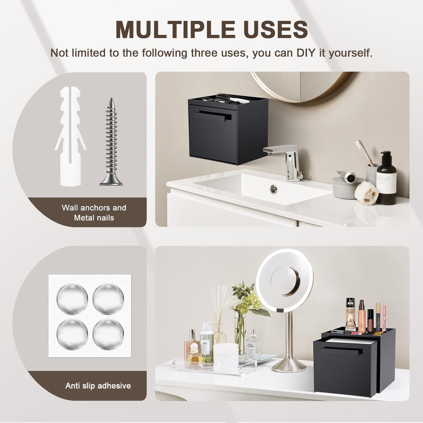 TAINESS Disposable Face Towel Storage Box Compatible with Clean Skin Club Clean Towel XL Acrylic Cosmetic Organizer Container Box Facial Towels Holder with Drawer Wall-Mounted (Glossy Black)