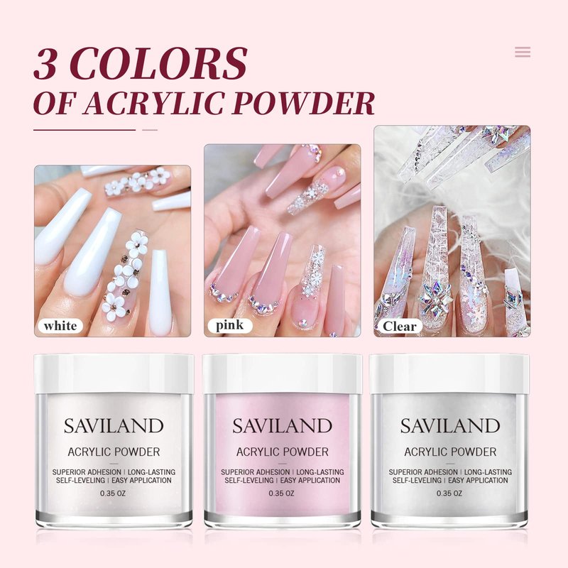 SAVILAND Acrylic Nail Kit for Beginners: White Pink Clear Acrylic Powder and Liquid Set with Nail Brush Forms Manicure Tools Kit with Everything for Beginners Home DIY Nail Art Salon