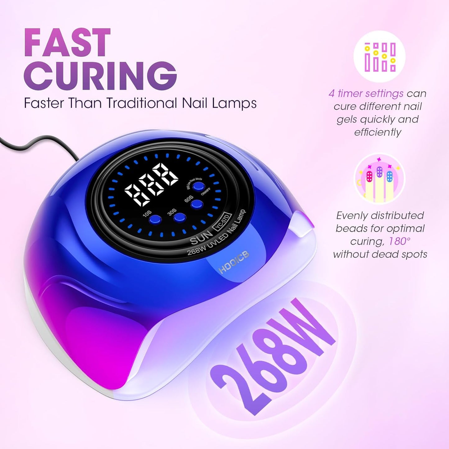UV LED Nail Lamp - 268W Nail Dryer for Gel Polish with 4 Timers & Automatic Sensor | Colorful Design for Home & Salon