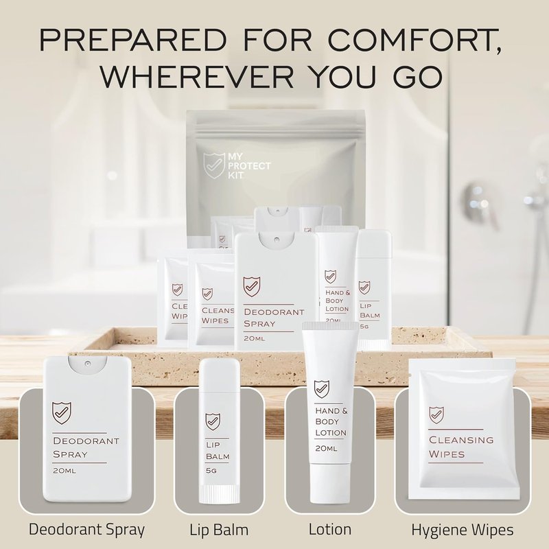 MY PROTECT KIT Everyday Essentials Travel Kit – TSA Compliant Hygiene & Toiletry Set with Deodorant Spray, Lotion, Lip Balm & Cleansing Wipes, Self Care Kit for Purse, Gym, Hotels & Airbnb