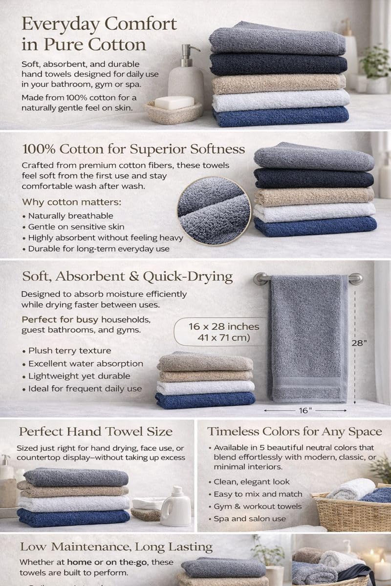 Mango Gifts 100% Cotton Hand Towels for Bathroom, Soft and Quick Dry Bath Towel for Face and Gym, Highly Absorbent Everyday Use, 550 GSM, 16 x 28 Inch, Pack of 5