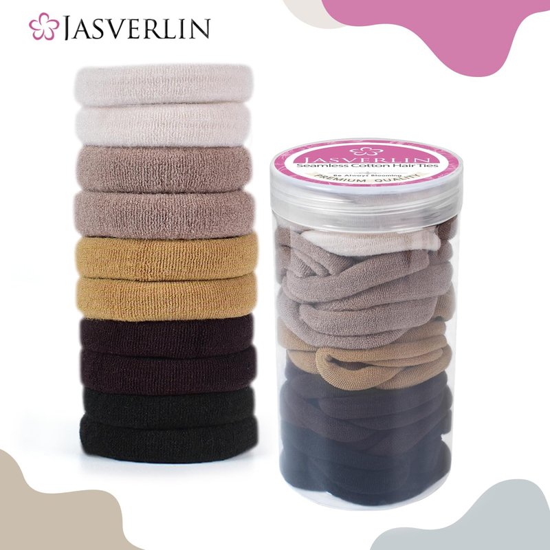 JASVERLIN 100 pcs Seamless Cotton Hair Ties, Thick Hair Elastic Bands Soft No Damage Ponytail Holders for Women Girl 1.5 inch (5 Colors)