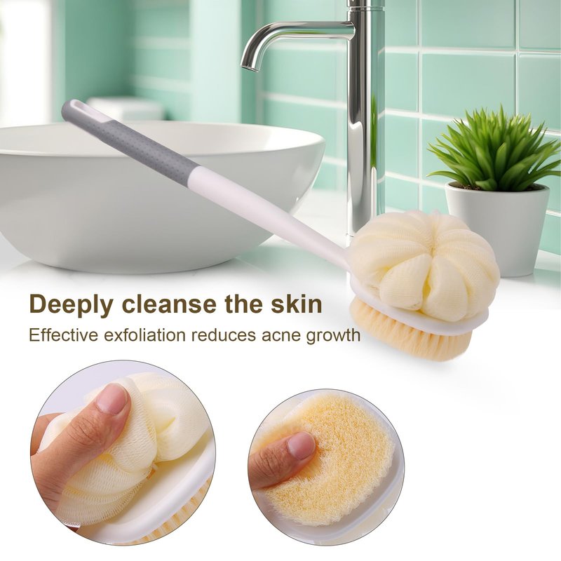 XDMURYM Long Handled Shower Brush for Cleaning Body,Double-Sided Bath Brush for Massage with Bristles and Loofah,Body Brush Exfoliator Mesh Sponge for Women and Men(Gray)