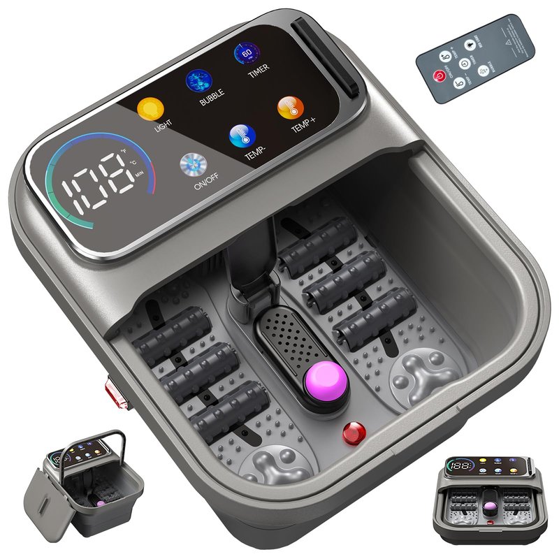 Omnqira Collapsible Foot Spa Bath with Heat and Bubbles, Portable Foot Soaker Tub with XL Touch Screen, Temp Control & Massage Rollers, At-Home Pedicure Spa for Stress Relief