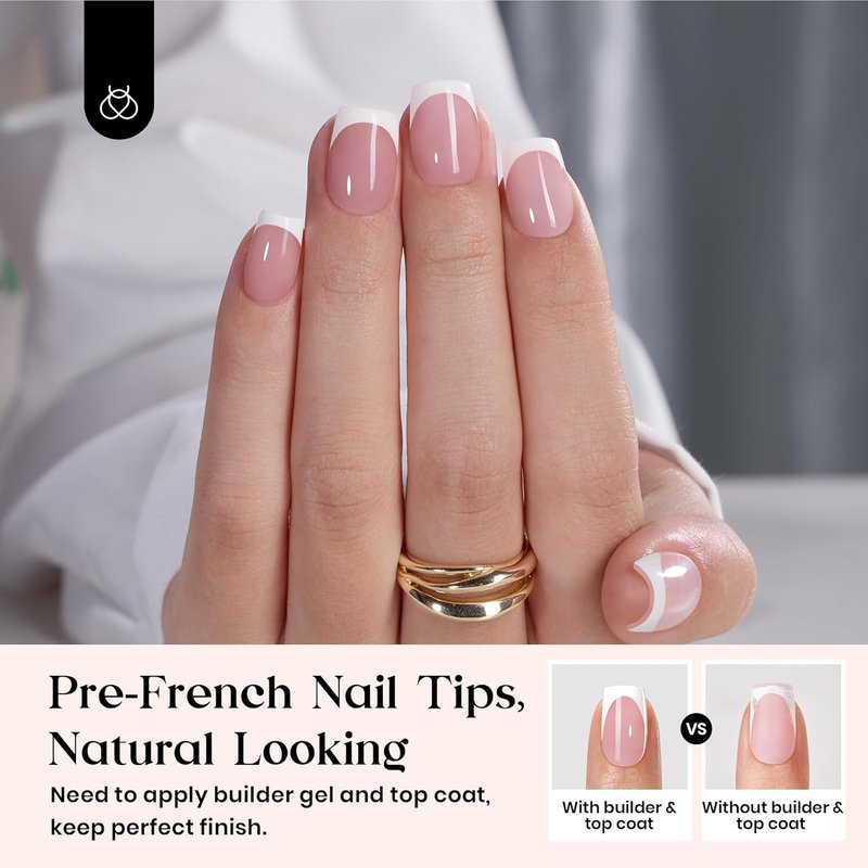 Beetles French Tips Press On Nails: 150 Pcs Pink Short Square Press On Nails Fake Nail Tips, Soft Gel Nail False Nails Art DIY Gifts For Women