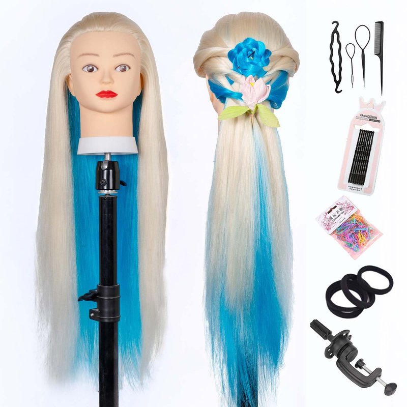 Mannequin Head for Hair Styling | 29" Cosmetology Training Doll with Clamp Holder - White & Blue