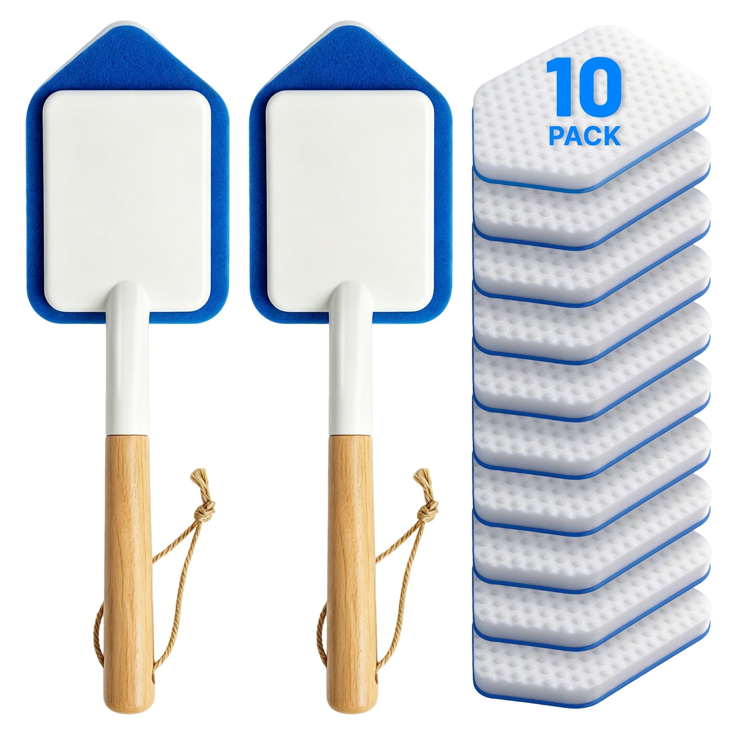 Tub Tile Scrubber Brush – 2 Pack with Wooden Handle, Includes 10 Melamine Sponge Eraser Heads | Non-Scratch Cleaner for Bathtub, Shower Wall, Grout, Kitchen Sink