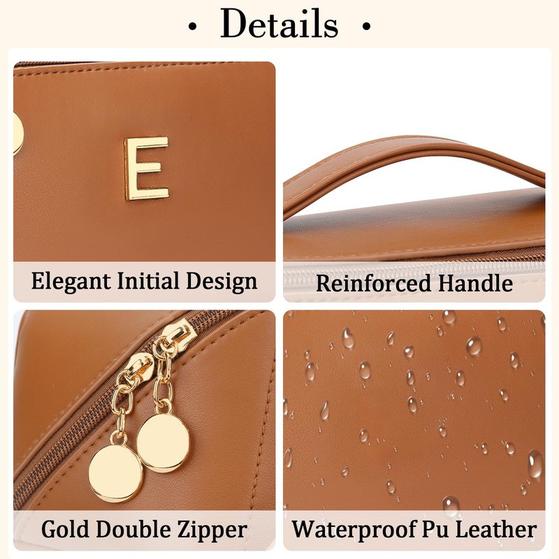 CLOUDWINGS Initial Makeup Bag Gifts for Women Bridesmaid Gifts Travel Toiletry Personalized PU Leather Waterproof Cosmetic Bag (Large-Brown-E)