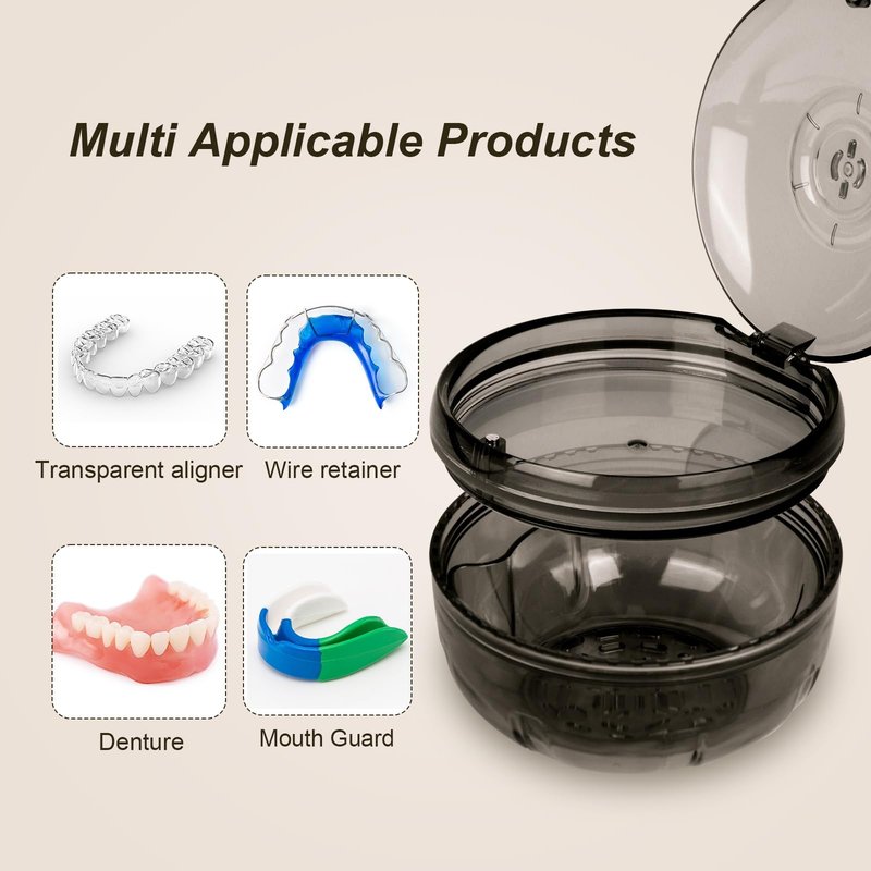 Maoerdental Retainer Cleaner Case,Double Layer No-Leak Denture Cup for Soaking Dentures, Denture Bath for Invisalign Aligner,Retainers,Mouth Guard,Night Guard (Black)