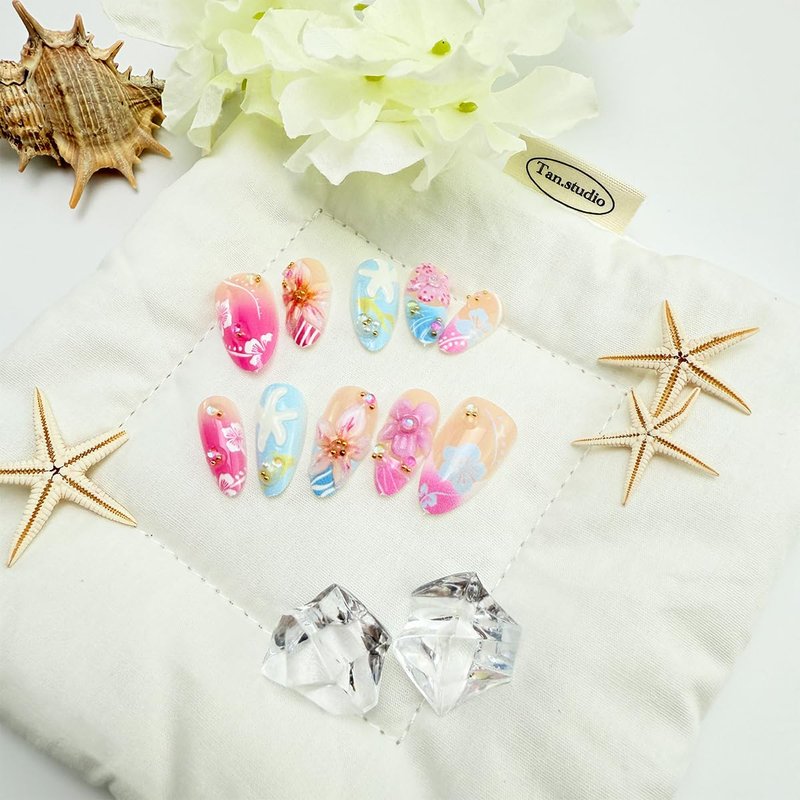 30Pcs 3D Tropical Flower Press on Nails Medium Almond Handmade Fake Nails with Hibiscus Floral Starfish Designs Pink Blue Gradient French Tip False Nails Reusable Summer Beach Acrylic Nails for Women