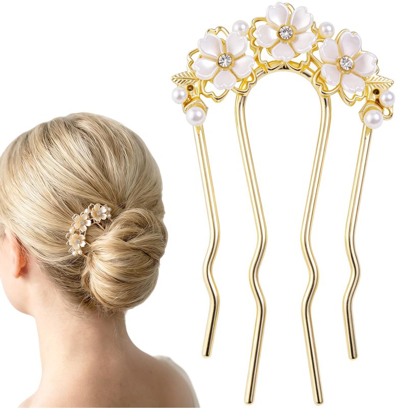Hzopcw Pearl Flower Hair Pins with 4 Teeth, U-Shaped Bridal Flower Bun Maker Hair Pin Clips, Hairpin Floral Clips Accessories for Wedding Party Updo- White