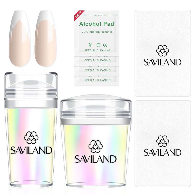 Saviland French Tip Nail Stamp Kit - 5PCS Gold Radium Jelly Stamper with Clear Silicone & Scrapers