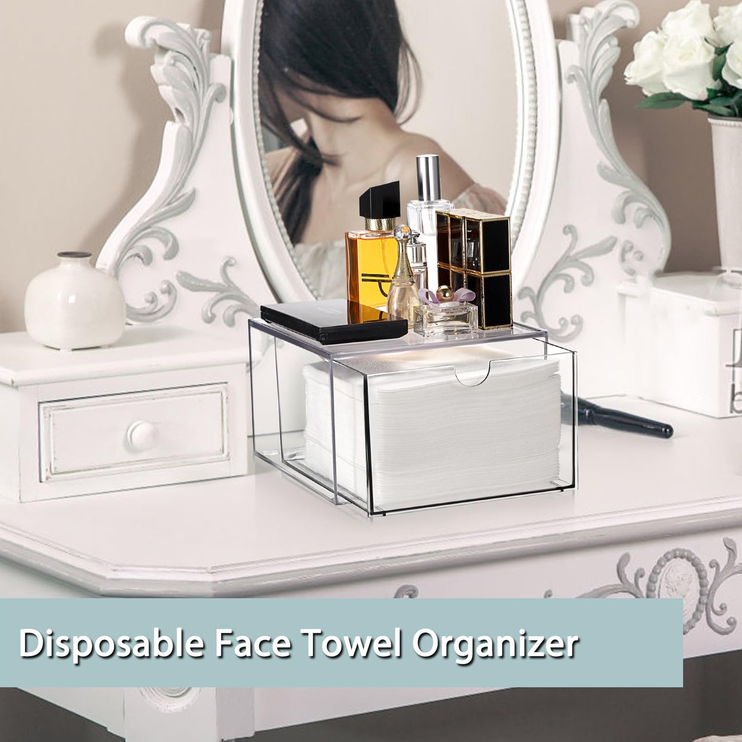 Sumnacon Disposable Face Towel Holder for Bathroom Vanity, Clear Plastic Facial Towels Holder Container with Drawer Storage, Face Towels Case Organizer Compatible with Clean Skin Cluub Towel