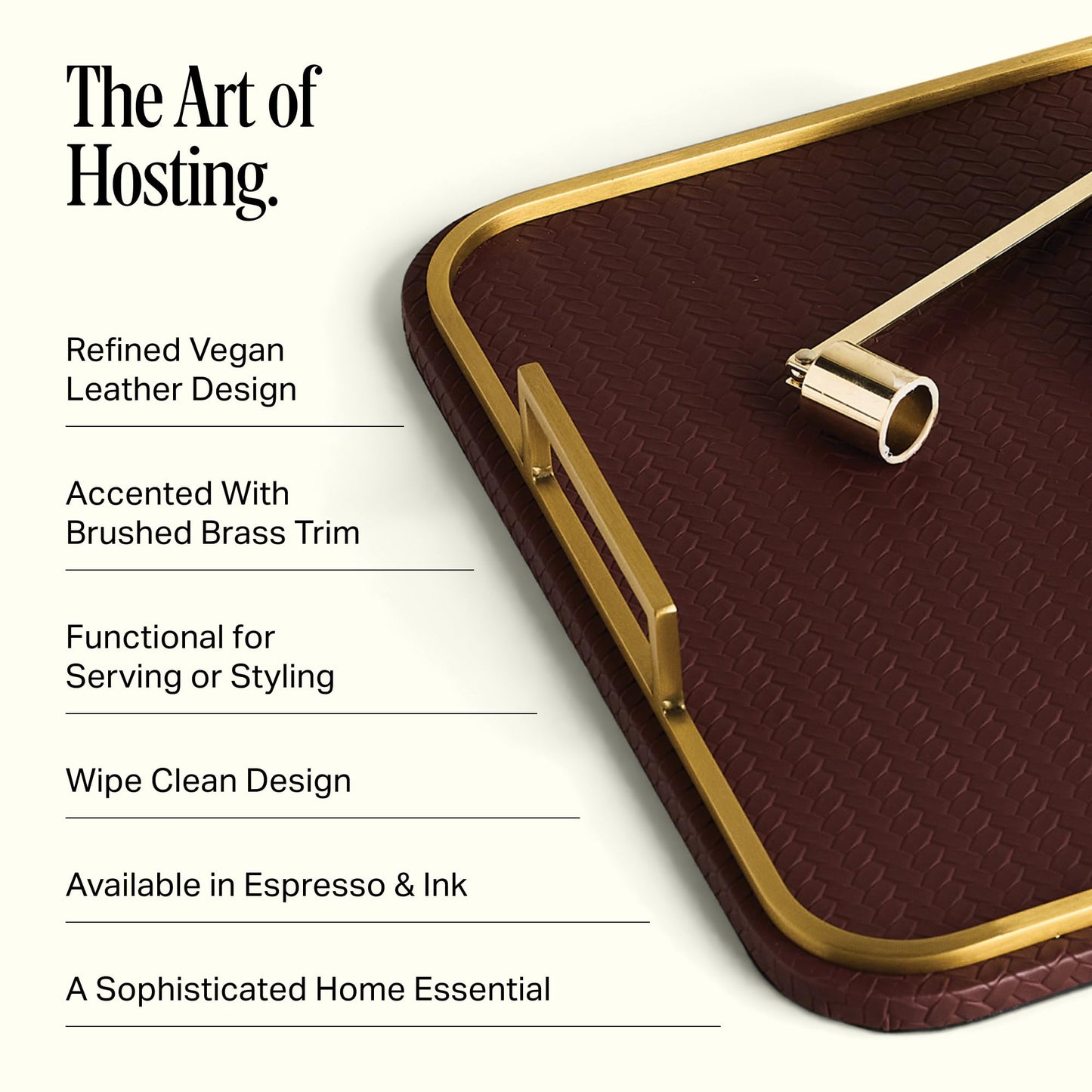 Preston Lane Mayfair Decorative Tray – Vegan Leather with Woven Texture, Brushed Brass Handles – Serving, Dresser & Coffee Table Tray, Espresso 12.8 x 12.8 x 1