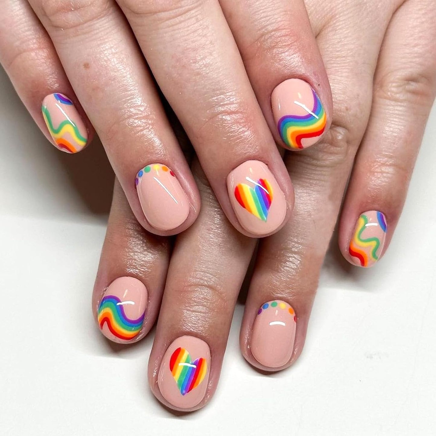 Skiennix Rainbow Stripe Press-On Nails - Colorful Heart Polka Dot Design | Short Square, 24 Pcs