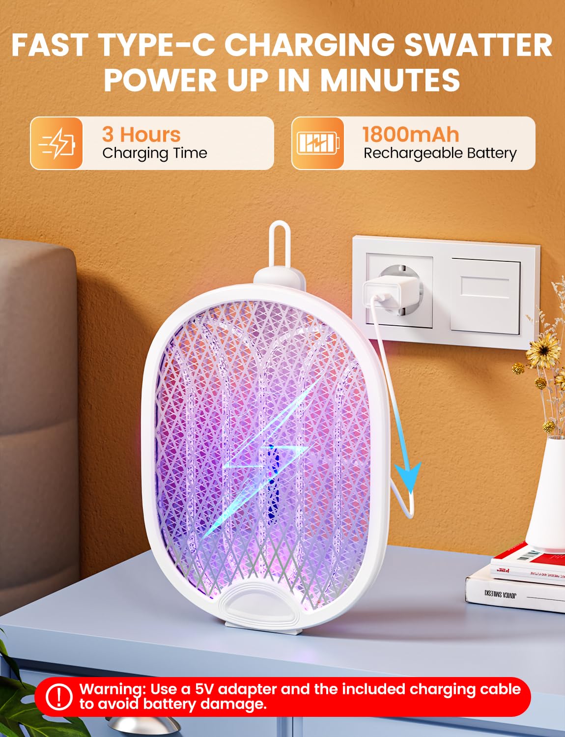 WOCVRYY Electric Fly Swatter 4000V Bug Zapper Racket with 1800mAh Rechargeable Battery 5-Layer Safety Mesh Dual Modes 180° Foldable Ideal for Indoor or Outdoor Use (White)