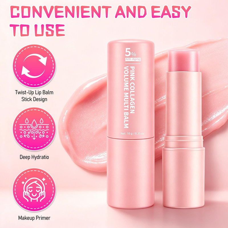 2Pack Pink Collagen Volume Multi Balm Stick,Collagen Wrinkle Stick Face & Body,Deeply Hydrating for Face, Lips, Eyes, Neck, Makeup Base