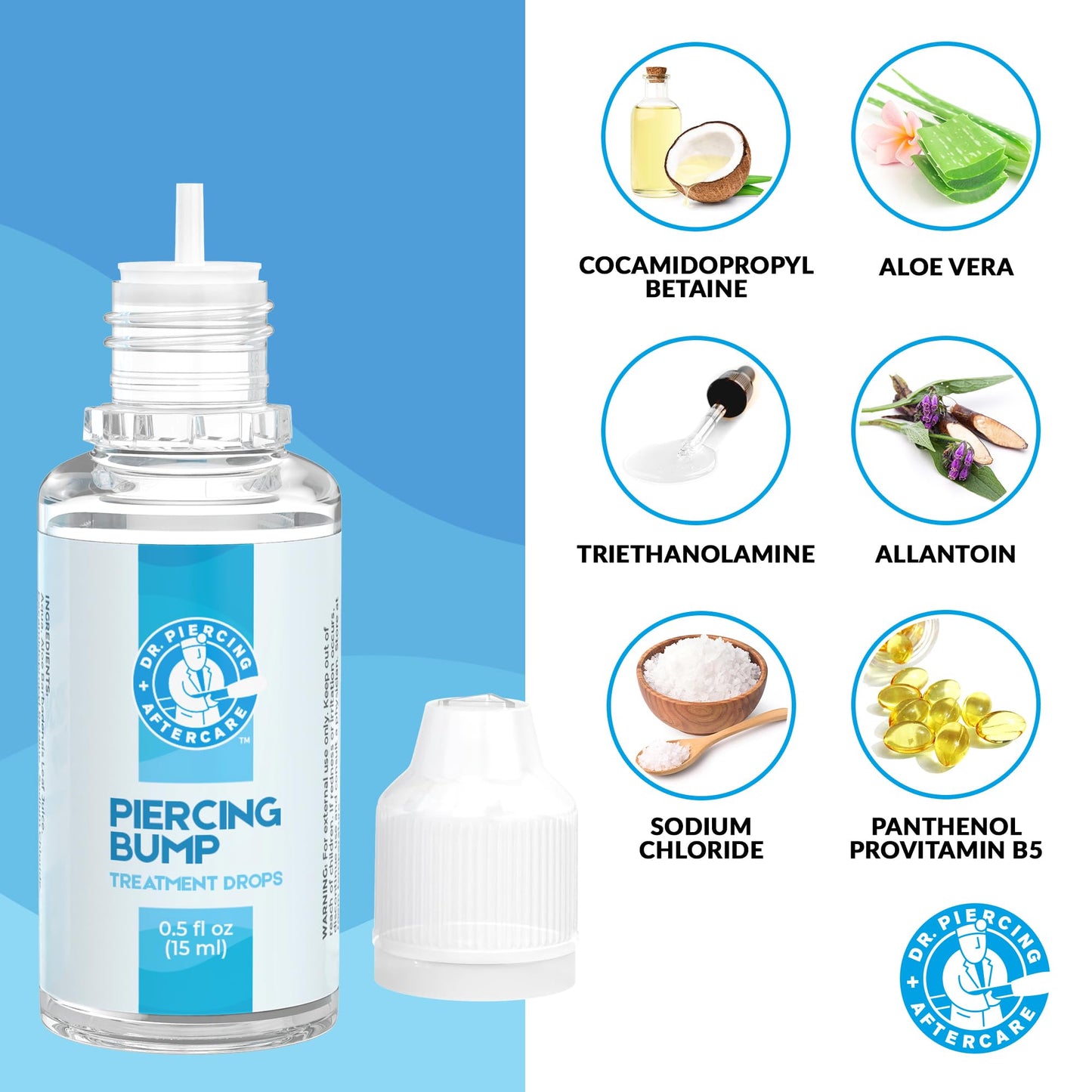 Dr. Piercing Aftercare Keloid Bump Solution Drops 15mL - Gentle Saline Formula with Provitamin B5 for Bump Care - Nose Ear Belly Lip Aftercare Cleaner