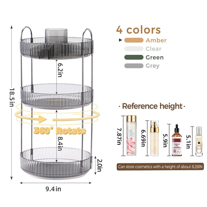 360° Rotating Makeup Organizer, Upgraded 3 Tier Skincare Perfume Organizers for Women, Bathroom Organizer Countertop, Clear Cosmetic Dresser Organizer with Makeup Brush Holder, Sink&Counter(Grey)