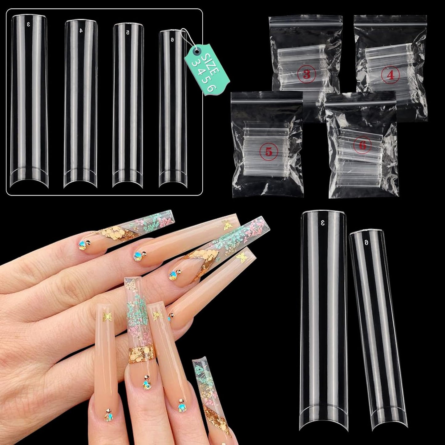 Skiennix No C Curve Nail Tips - 200PCS Extra Long Half Cover Straight Tapered Square | Sizes 3-6