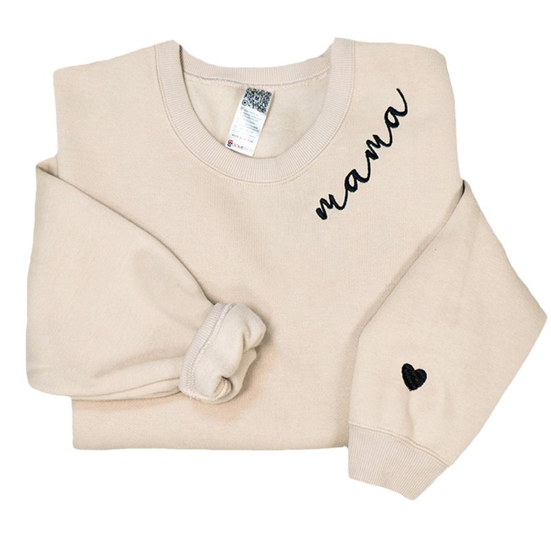 Nani - Mama Mom Mommy Embroidered Crewneck Sweatshirt Heart On Sleeve for Women - Gifts For New Mom Mama Birthday Christmas Mothers Day Valentine Embroidery Pullover Sweater Shirt Sand
