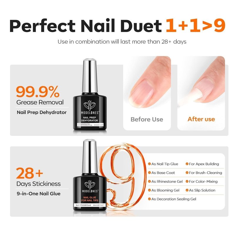 Modelones X Nail Gel Kit - 15 Sizes Almond Fake Nails with 9-in-One Glue & Mini UV Light | 510 Pcs Medium Almond Tips for DIY Salon Use